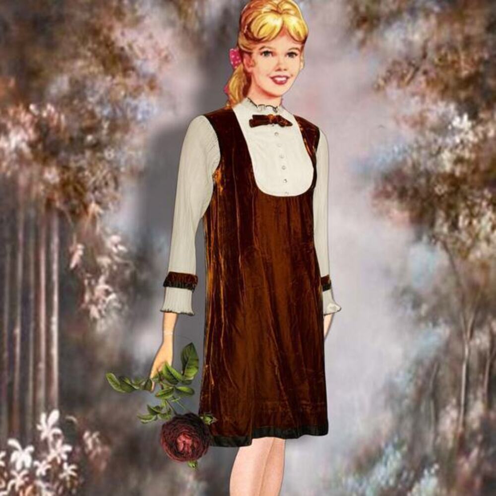Vintage 1960s Mod Velvet Mini Dress Sears Jr Bazaar Brown Long Sleeve Juniors